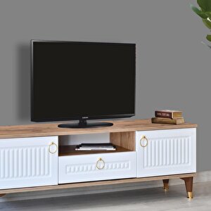 Mindy Tv Sehpası Atlantik Çam Beyaz Gold Detaylı 2 Kapaklı 1 Çekmeceli 160x50x36 Cm