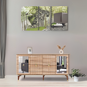 Tuna Konsol Atlantik Çam Yanları Aynalı Gold Halkalı Kulplu 4 Kapaklı Konsol 160x44x82 Cm