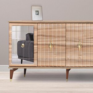 Tuna Konsol Atlantik Çam Yanları Aynalı Gold Halkalı Kulplu 4 Kapaklı Konsol 160x44x82 Cm