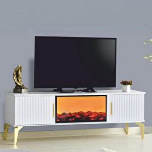 Rüya Dekoratif Şömineli Tv Sehpası Beyaz Gold Kulplu 2 Kapaklı Alev Efektli 150x50x36 Cm