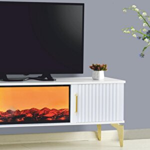 Rüya Dekoratif Şömineli Tv Sehpası Beyaz Gold Kulplu 2 Kapaklı Alev Efektli 150x50x36 Cm
