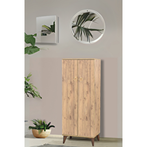 Oya Atlantik Çam Ayakkabılık 2 Kapaklı Raflı Altın Kulplu 60x32x150 Cm