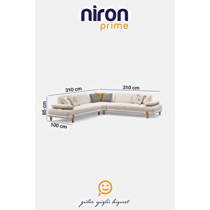 Niron Moda Köşe Koltuk – L Form, Yataklı, Ahşap Ayaklı, Kırlent Hediyeli (310x310 Cm)