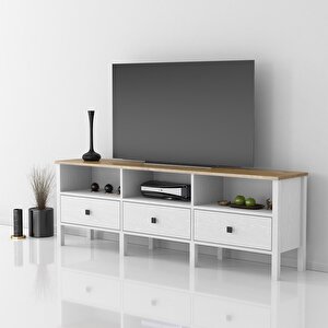 Venezia 3 Çekmece 3 Bölmeli Ahşap Ayaklı Tv 150 Cm Tv Ünitesi - Minifiksli - Wood Beyaz