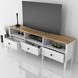 Venezia 3 Çekmece 3 Bölmeli Ahşap Ayaklı Tv 150 Cm Tv Ünitesi - Minifiksli - Wood Beyaz