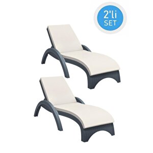 Trk-860 Siesta Fiji Bej Minderli Rattan Desenli Ayarlanabilir Lüks Şezlong Koyu Gri 2'li Set