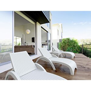 Omnipazar Trk-860 Siesta Fiji Bej Minderli Rattan Desenli Ayarlanabilir Lüks Şezlong Beyaz 2'li Set