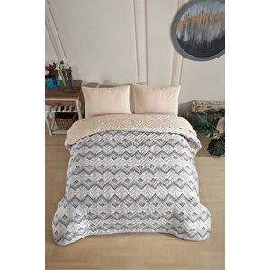 Tek Kişilik Desenli Kapitone Çift Taraflı Renkli Pike Yatak Örtüsü Takımı 160x230 Cm (çarşafsız) Bej
