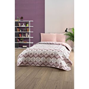 Çift Kişilik Desenli Kapitone Çift Taraflı Renkli Pike Yatak Örtüsü Takımı 200x230 Cm (çarşafsız) Pudra