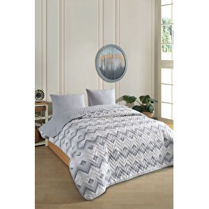 Çift Kişilik Desenli Kapitone Çift Taraflı Renkli Pike Yatak Örtüsü Takımı 200x230 Cm (çarşafsız) Gri