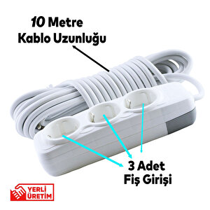Grup Priz 3'lü Anahtarsız Topraklı 10 Metre Seyyar Ara Kablolu Uzatma Kablolusu Üçlü Piriz