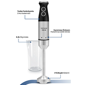 Fast Stick İnox 1500 Watt 4 Bıçaklı Paslanmaz Hazneli Çubuk El Blender Seti Gm-7205