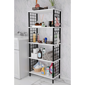 5 Raflı Çevir-kur Raf Ünitesi | Telli Metal Gövdeli Organizer | Banyo, Mutfak, Balkon, Antre Uyumlu Beyaz