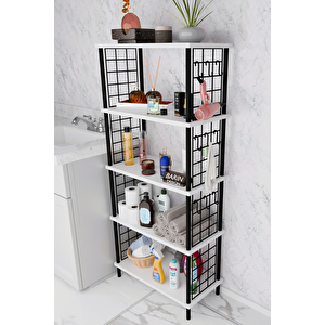 5 Raflı Çevir-kur Raf Ünitesi | Telli Metal Gövdeli Organizer | Banyo, Mutfak, Balkon, Antre Uyumlu Beyaz