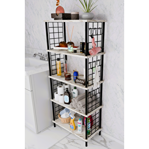 5 Raflı Çevir-kur Raf Ünitesi | Telli Metal Gövdeli Organizer | Banyo, Mutfak, Balkon, Antre Uyumlu Beyaz Mermer