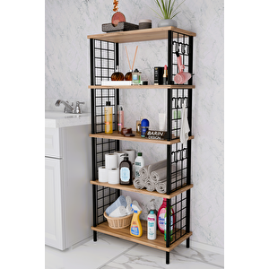 5 Raflı Çevir-kur Raf Ünitesi | Telli Metal Gövdeli Organizer | Banyo, Mutfak, Balkon, Antre Uyumlu Atlantik Çam