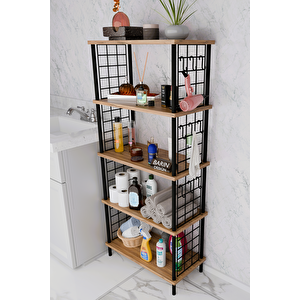 5 Raflı Çevir-kur Raf Ünitesi | Telli Metal Gövdeli Organizer | Banyo, Mutfak, Balkon, Antre Uyumlu Atlantik Çam