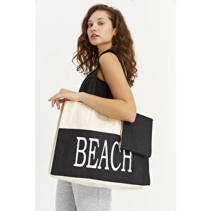 Kadın Beach Yazılı Plaj Çantası Krem
