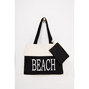 Kadın Beach Yazılı Plaj Çantası Krem