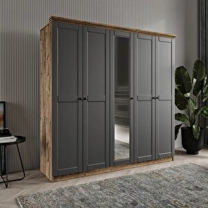 Dali̇ 5 Kapakli Bazali Gardirop Tamami Mdf, Antrasit Antrasit