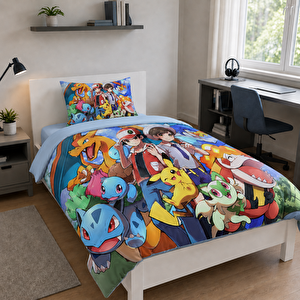Pokemon Tema Baskılı Tek Kişilik Nevresim Takımı