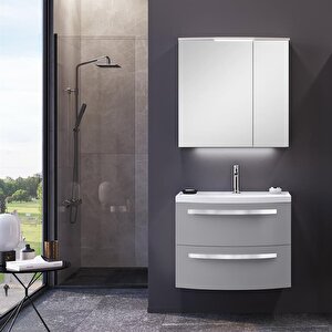 Urla 70 Cm Parlak Gri Banyo Dolabı Takımı (ledli-dolaplı Ayna)