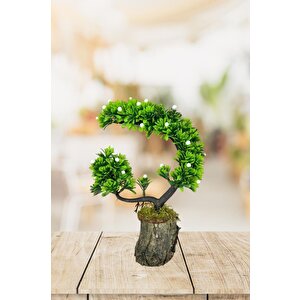 Yapay Çiçek Bonsai Ağacı Kütük Saksıda Beyaz Tomurcuklu Hilal Model Dekoratif Yapay Ağaç Bonzai 30*20 Cm