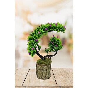 Yapay Çiçek Bonsai Ağacı Kütük Saksıda Lila Tomurcuklu Hilal Model Dekoratif Yapay Ağaç Bonzai 30*20 Cm