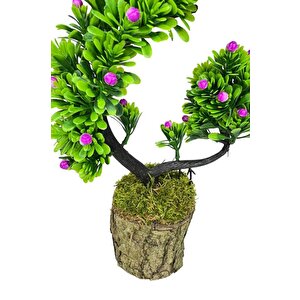 Yapay Çiçek Bonsai Ağacı Kütük Saksıda Lila Tomurcuklu Hilal Model Dekoratif Yapay Ağaç Bonzai 30*20 Cm