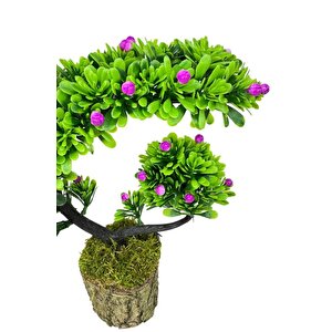 Yapay Çiçek Bonsai Ağacı Kütük Saksıda Lila Tomurcuklu Hilal Model Dekoratif Yapay Ağaç Bonzai 30*20 Cm
