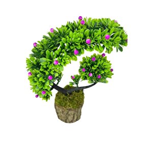 Yapay Çiçek Bonsai Ağacı Kütük Saksıda Lila Tomurcuklu Hilal Model Dekoratif Yapay Ağaç Bonzai 30*20 Cm