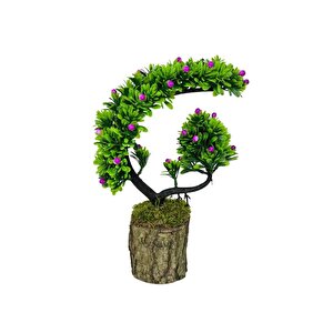 Yapay Çiçek Bonsai Ağacı Kütük Saksıda Lila Tomurcuklu Hilal Model Dekoratif Yapay Ağaç Bonzai 30*20 Cm