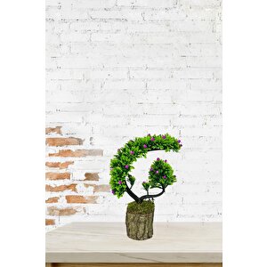 Yapay Çiçek Bonsai Ağacı Kütük Saksıda Lila Tomurcuklu Hilal Model Dekoratif Yapay Ağaç Bonzai 30*20 Cm