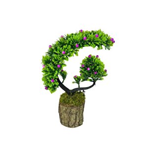 Yapay Çiçek Bonsai Ağacı Kütük Saksıda Lila Tomurcuklu Hilal Model Dekoratif Yapay Ağaç Bonzai 30*20 Cm