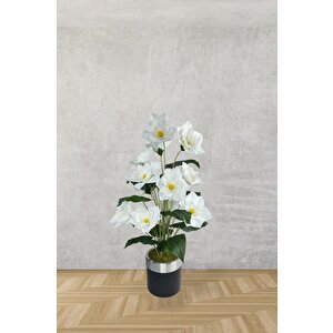 Yapay Çiçek Islak Manolya Çiçeği 12 Çiçekli 65cm Gümüş Halkalı Galvaniz Vazoda Salon Çiçeği