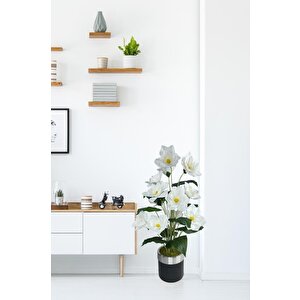 Yapay Çiçek Islak Manolya Çiçeği 12 Çiçekli 65cm Gümüş Halkalı Galvaniz Vazoda Salon Çiçeği
