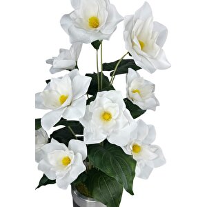 Yapay Çiçek Islak Manolya Çiçeği 12 Çiçekli 65cm Gümüş Halkalı Galvaniz Vazoda Salon Çiçeği