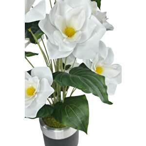 Yapay Çiçek Islak Manolya Çiçeği 12 Çiçekli 65cm Gümüş Halkalı Galvaniz Vazoda Salon Çiçeği
