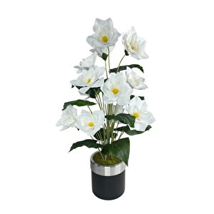Yapay Çiçek Islak Manolya Çiçeği 12 Çiçekli 65cm Gümüş Halkalı Galvaniz Vazoda Salon Çiçeği