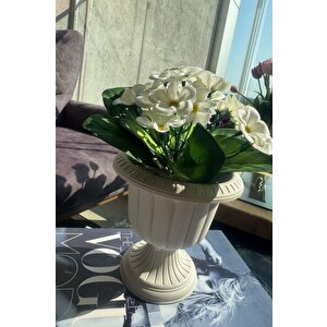 Yapay Çiçek Krem Antik Saksıda Beyaz Kadife Menekşe Gerçekçi Doku 22cm