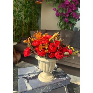 Yapay Çiçek Krem Antik Saksıda Kırmızı Erengül 23cm