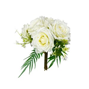 Yapay Çiçek Gelin Çiçeği Buketi Beyaz Gül 10lu Demet  Masa Üstü Vazo Çiçeği 30cm