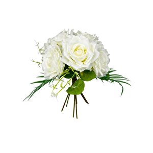 Yapay Çiçek Gelin Çiçeği Buketi Beyaz Gül 10lu Demet  Masa Üstü Vazo Çiçeği 30cm