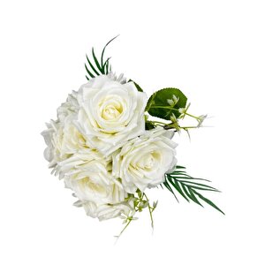Yapay Çiçek Gelin Çiçeği Buketi Beyaz Gül 10lu Demet  Masa Üstü Vazo Çiçeği 30cm