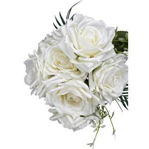 Yapay Çiçek Gelin Çiçeği Buketi Beyaz Gül 10lu Demet  Masa Üstü Vazo Çiçeği 30cm