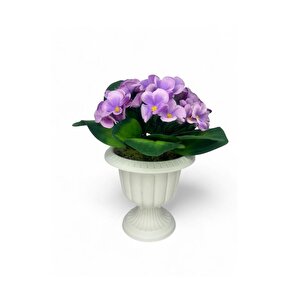Yapay Çiçek Krem Antik Saksıda Lila Kadife Menekşe Gerçekçi Doku 22cm