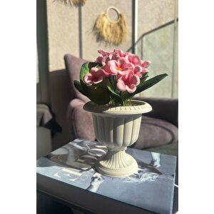 Yapay Çiçek Krem Antik Saksıda Pembe Kadife Menekşe Gerçekçi Doku 22cm