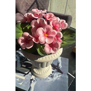 Yapay Çiçek Krem Antik Saksıda Pembe Kadife Menekşe Gerçekçi Doku 22cm