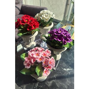 4lü Set Yapay Çiçek Krem Antik Saksıda Karışık Renk Kadife Menekşe Gerçekçi Doku 22cm