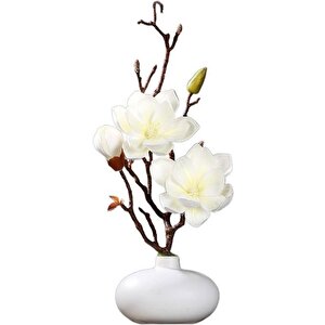 Yapay Çiçek Krem Eva Manolya 2 Çiçek 1 Tomurcuk Uzun Dal Çiçek Flowers 55cm Gerçeksi Doku